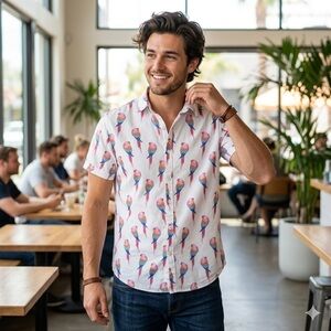 Cactus Man Slim Fit Parrot Button Front Shirt Tropical Vacation Hawaiian Style